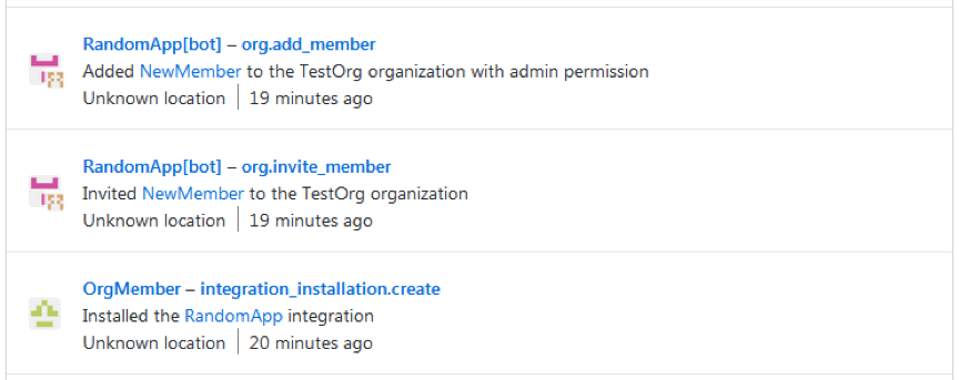 为低权限的“OrgMember”帐户安装集成审核日志条目 - 然后使用API邀请“NewMember”作为所有者 为低权限的“OrgMember”帐户安装集成审核日志条目 - 然后使用API邀请“NewMember”作为所有者