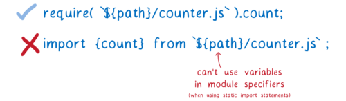 A require statement which uses a variable is fine. An import statement that uses a variable is not.