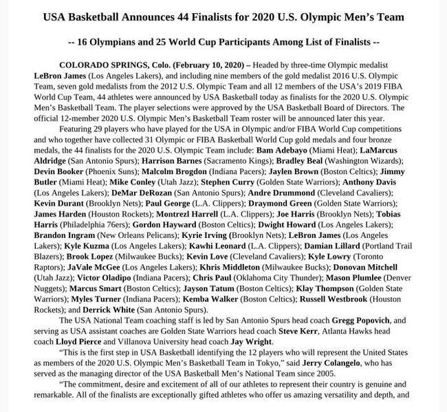 美国公布男篮奥运名单 詹杜库领衔复仇者联盟