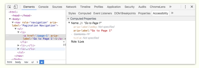 Developer tools showing accessibility panel for element inspection