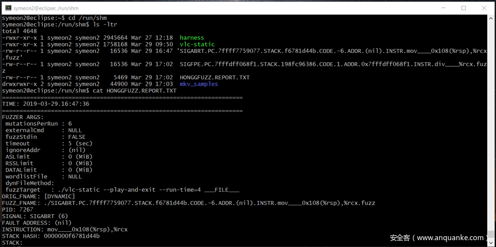 图9:honggfuzz显示有关崩溃的信息 图9:honggfuzz显示有关崩溃的信息