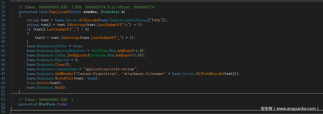 // Token: ox06000003 RID: 3 RVA: Ox00002074 File Offset: Ox00000274 protected void sender, EventArgs string string text 2 (text2. base. LJrIDecode Request. QueryString t. (text. + I) t. (text. text 2 base. Buffer true base. ExpiresAbsoIute Now. AddDays base. SetExpires Now. AddDays base. Expires base. Clear application/ octet—stream" base. Content Type base. ("Content—Disposition" , " attachment filename=" base. (text, true (text) File . Delete base. // Token: ox04000001 RID: HtmlForm forml (text2)) + base. UrIPathEncode